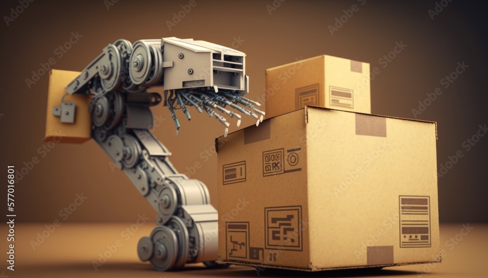 Poster a robot is moving around a box on a table with a brown background and a brown background robots a 3d