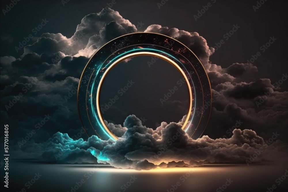 Poster a circular object in the clouds with a neon light coming out of it's center affinity photo a 3d rend