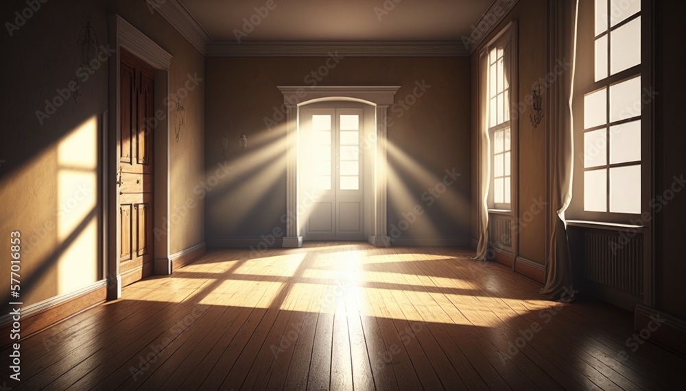 Poster a room with a door and a window with a light coming in it and a light coming out of the window photo