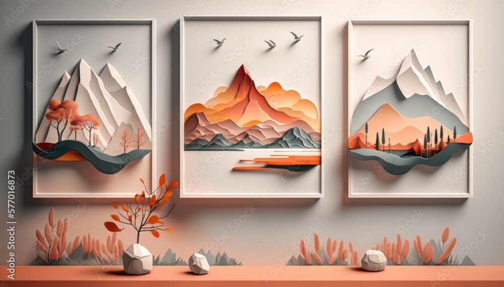 Poster three paintings of mountains and trees on a wall with a vase and vases on the table colorful flat su