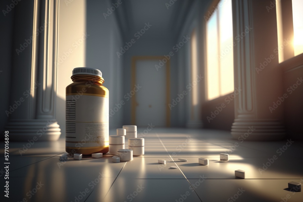 Poster a bottle of pills sitting on the floor of a hallway with columns and a doorway octane renderer a 3d 