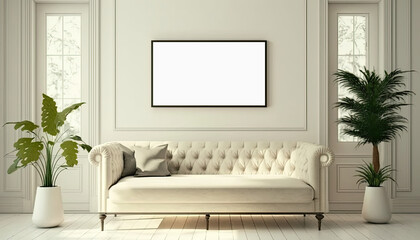 Blank white picture/art frame in a light and modern living room hanging over a big sofa. Mock up template for Design or product placement created using generative AI tools