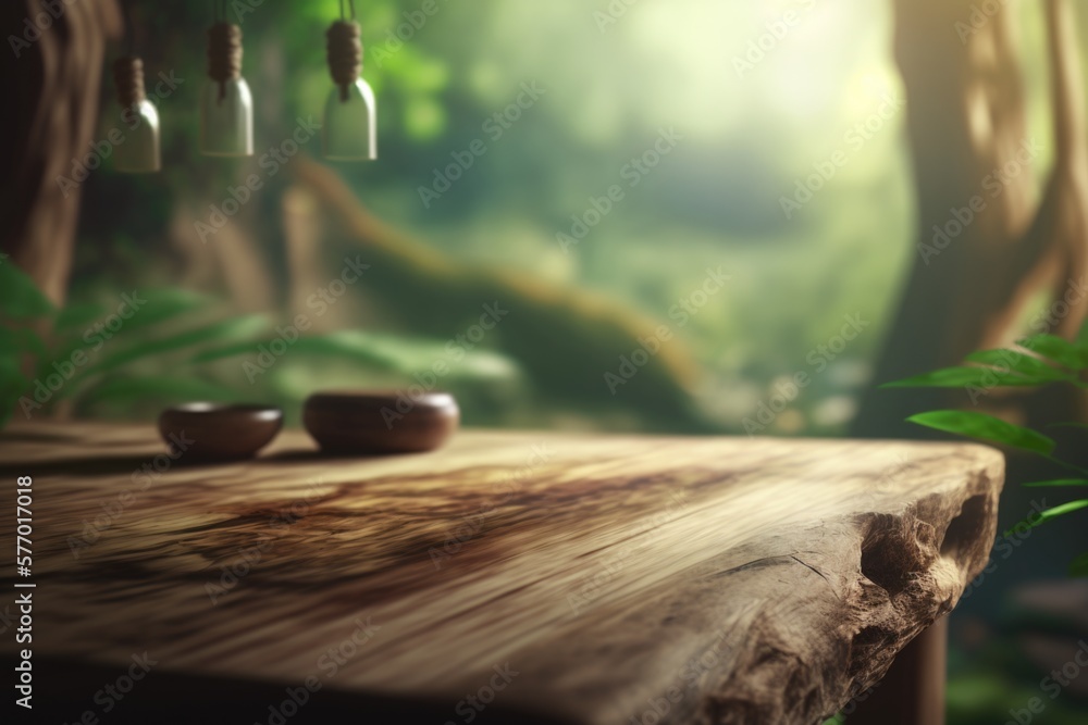 Poster a wooden table with two bowls on it in a forest setting with a bamboo plant rendered in unreal 5 a 3
