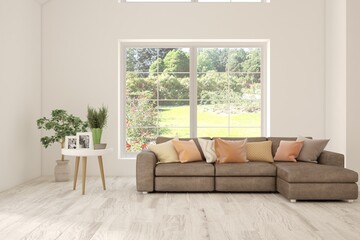 Fototapeta premium White living room with sofa. Scandinavian interior design. 3D illustration