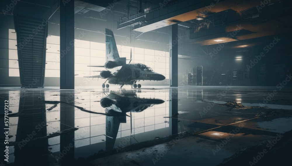 Poster a plane is reflected in a mirror in a hangar with a reflection of it on the floor octane renderer co
