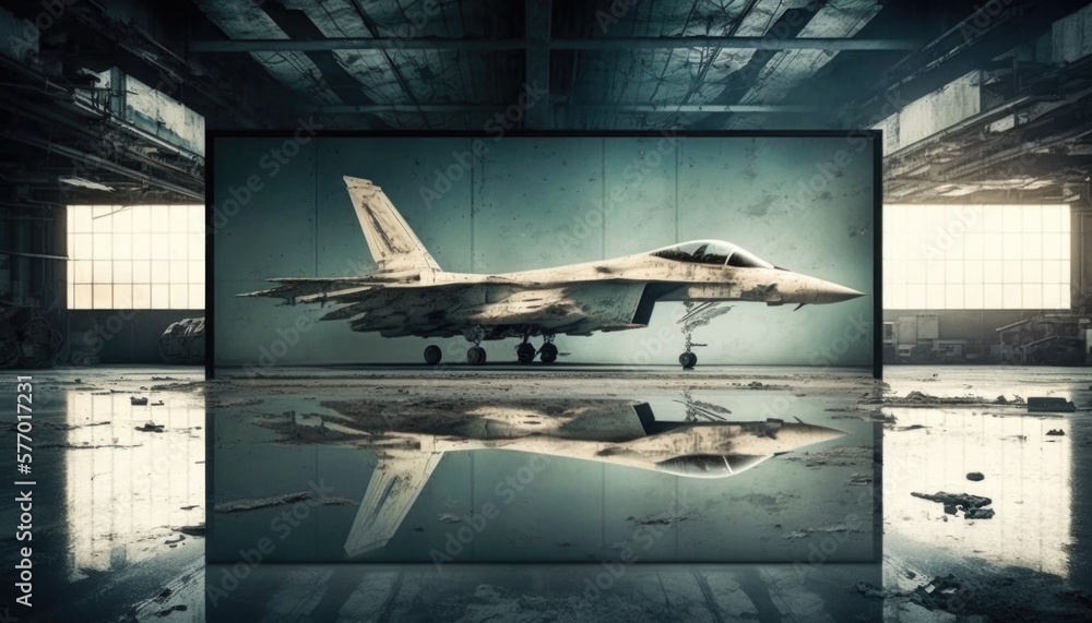 Poster a fighter jet sitting in a hangar with a reflection on the floor of the floor photorealistic imagery