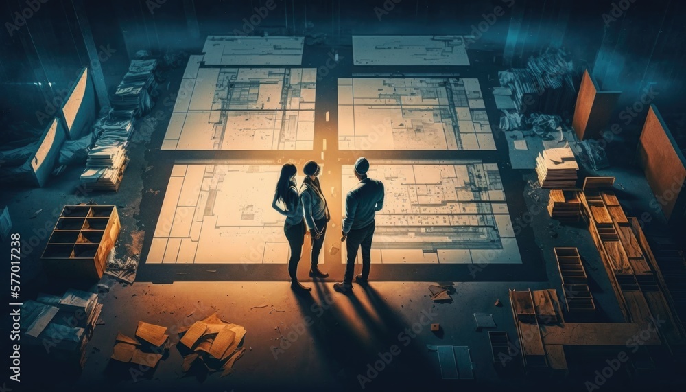 Poster a group of people standing in front of a building with a lot of boxes on it blueprint a digital rend