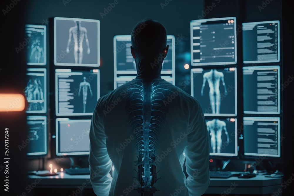 Poster a man standing in front of a computer screen with a skeleton in the back of it cyberpunk 2077 cyberp