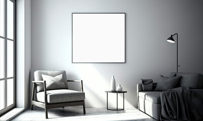 Blank white picture/art frame in a modern living with a couch and armchair. Mock up template for Design or product placement created using generative AI tools