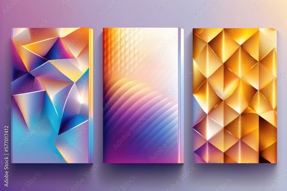 Poster three abstract paintings of different shapes and sizes on a wall each with a different color scheme 