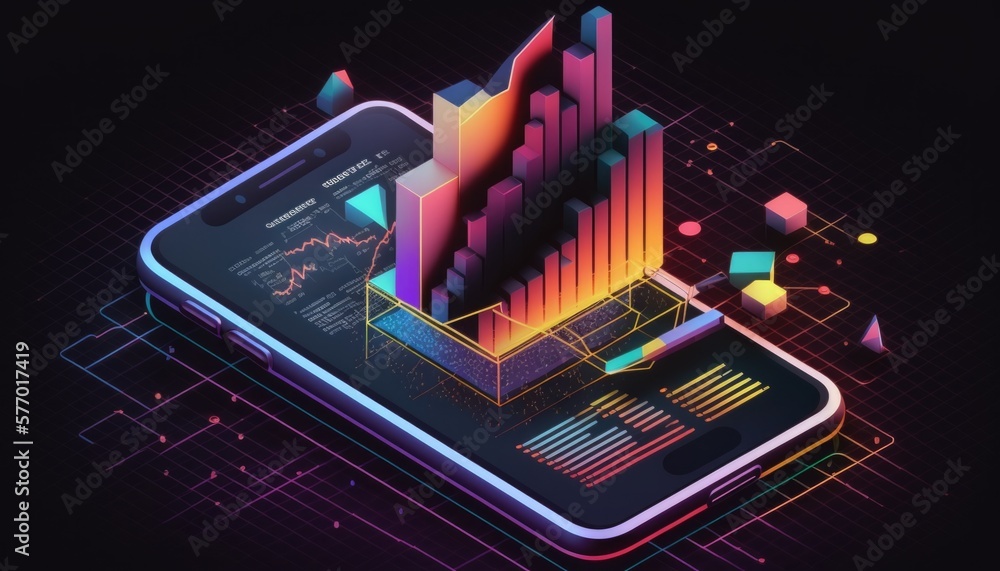 Poster a smartphone with a colorful graphic on it's screen and a bar chart on the screen extreme illustrati