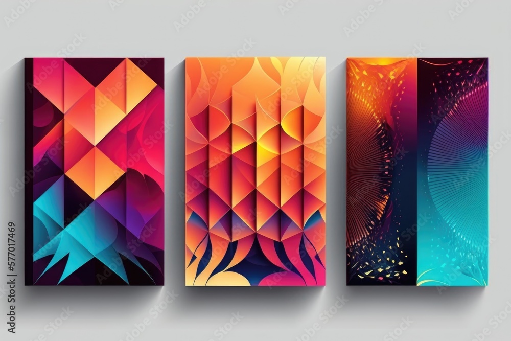 Poster three colorful banners with abstract shapes on them each with a different color scheme and a differe