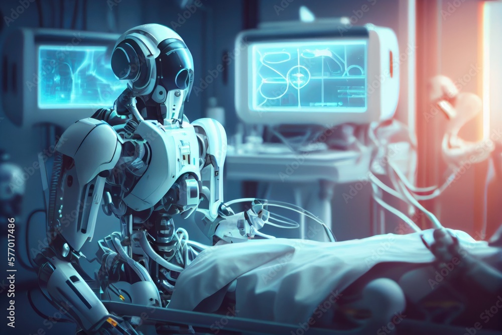 Poster a robot is in a hospital bed with a monitor on the wall behind him and a person in a bed with a lapt