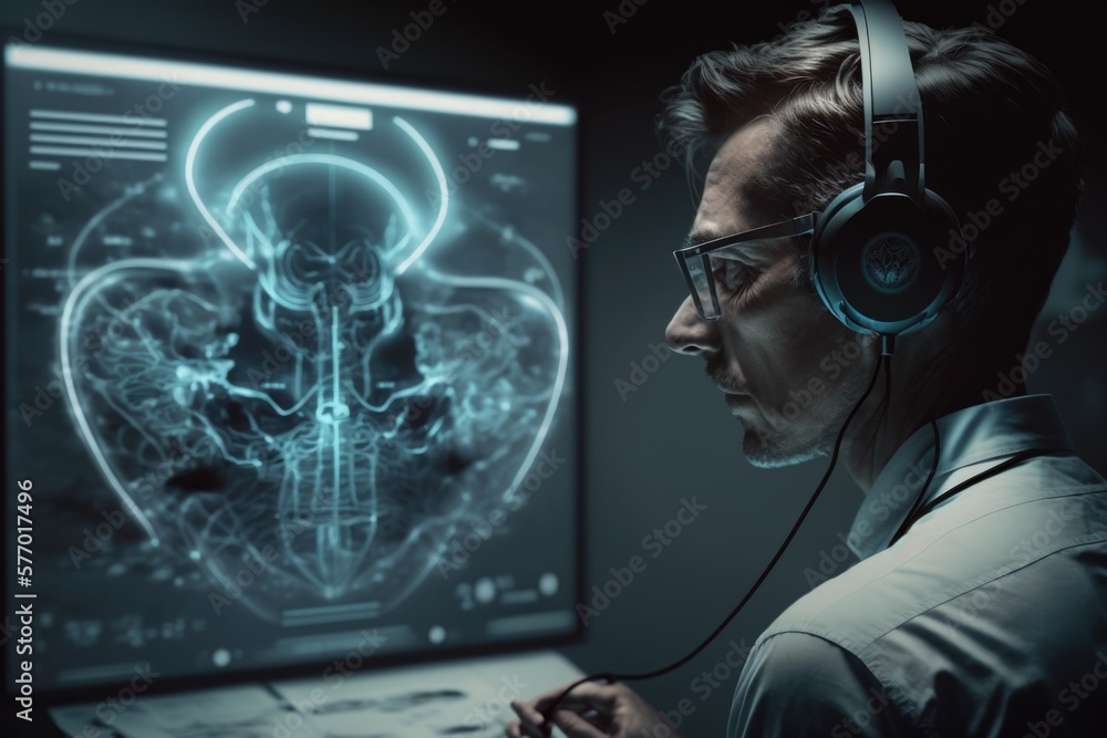Poster a man wearing headphones and using a computer with a x - ray image on the screen biopunk computer gr
