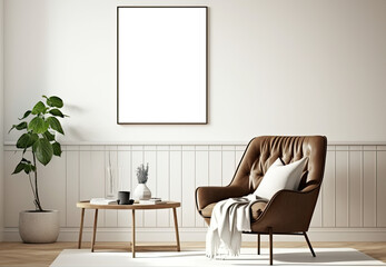 Blank white picture/art frame in a modern living with a leather armchair. Mock up template for Design or product placement created using generative AI tools