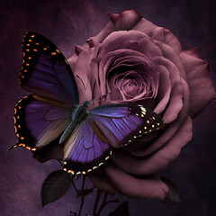 purple butterfly on a faded rose. Generative AI