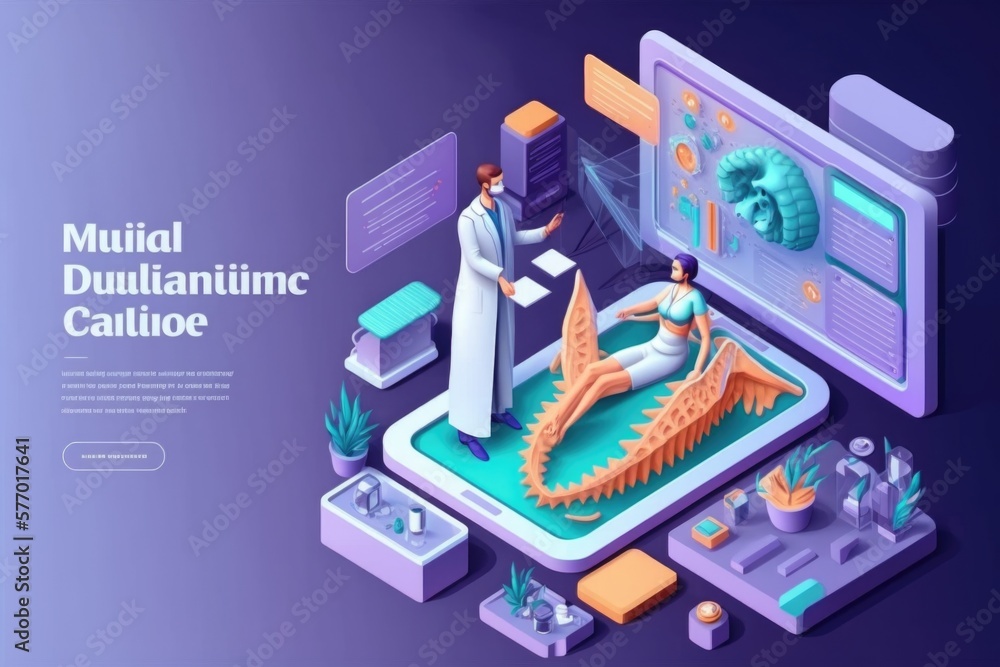 Poster a woman is talking to a man in a lab while he is working on a computer isometric view an illustratio