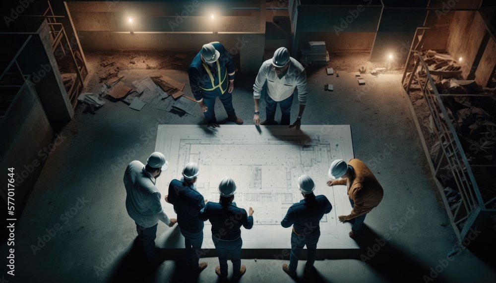 Poster a group of people standing around a room with a blueprint on the floor and a man in a white jacket b