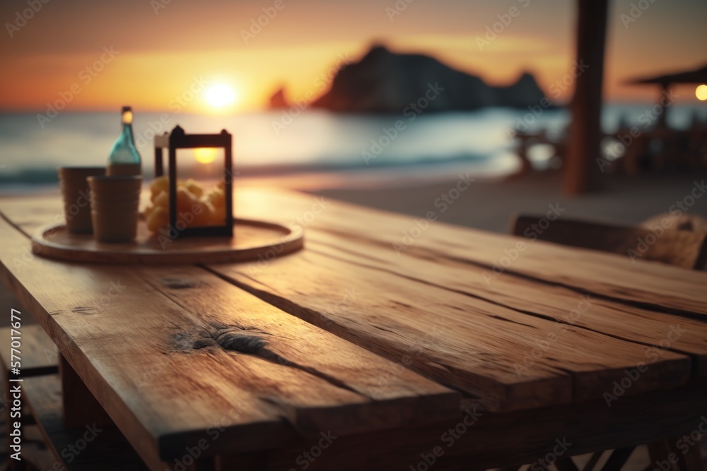 Poster A wooden table with a bottle of wine and a candle on it at the beach rendered in unreal 5 a 3d render photorealism