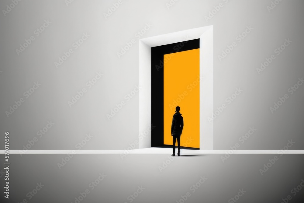 Poster a man standing in front of a doorway with an open door in it with the door open liminal space a stoc