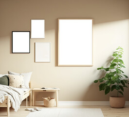 Different sized blank white picture/art frame in a light and modern bedroom/childrens room. Mock up template for Design or product placement created using generative AI tools