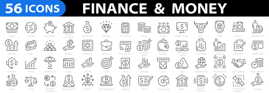 Money Thin Line Icon Set. Finance icon set. Money signs. Vector business and finance editable stroke line icon. Bank, check, law, auction, coins, exchance, payment, wallet, deposit, piggy. Vector