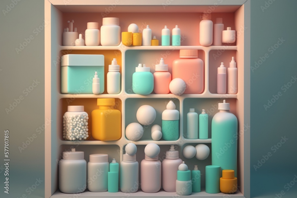 Poster a shelf with many different types of bottles and containers on it all in pastel colors octane render