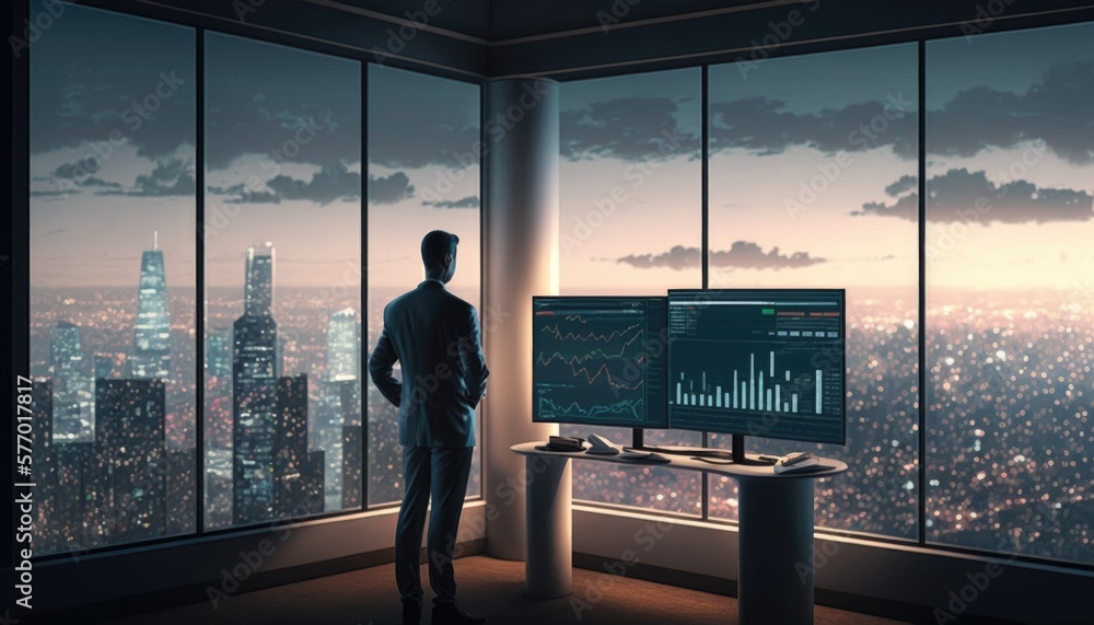 Aufkleber a man standing in front of a computer monitor in a room with a city view 4k resolution a computer re