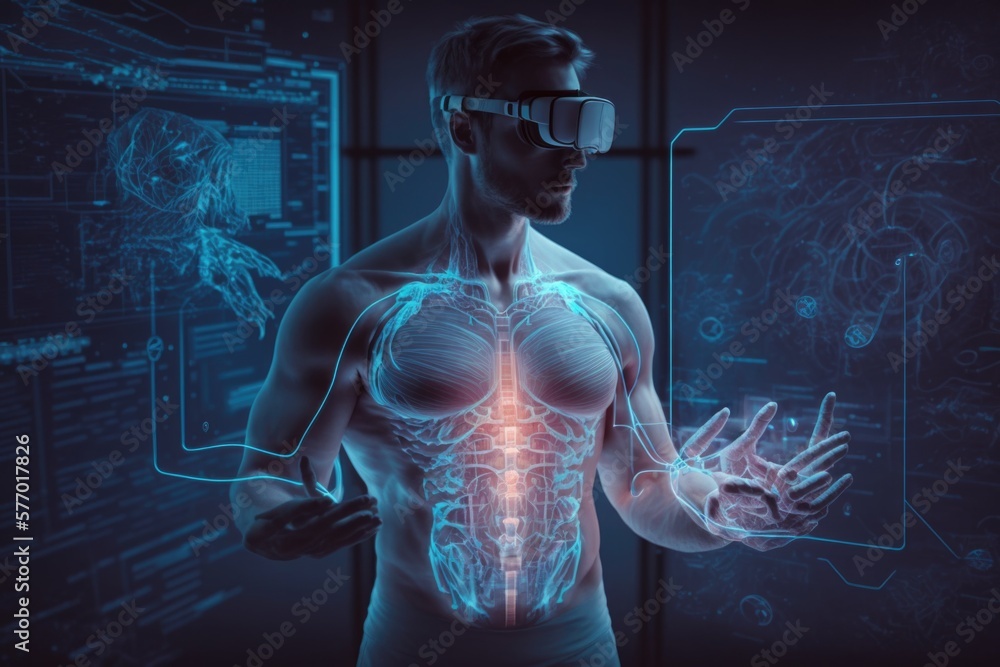 Poster a man with a virtual reality headset and a glowing torso in front of a futuristic background biopunk