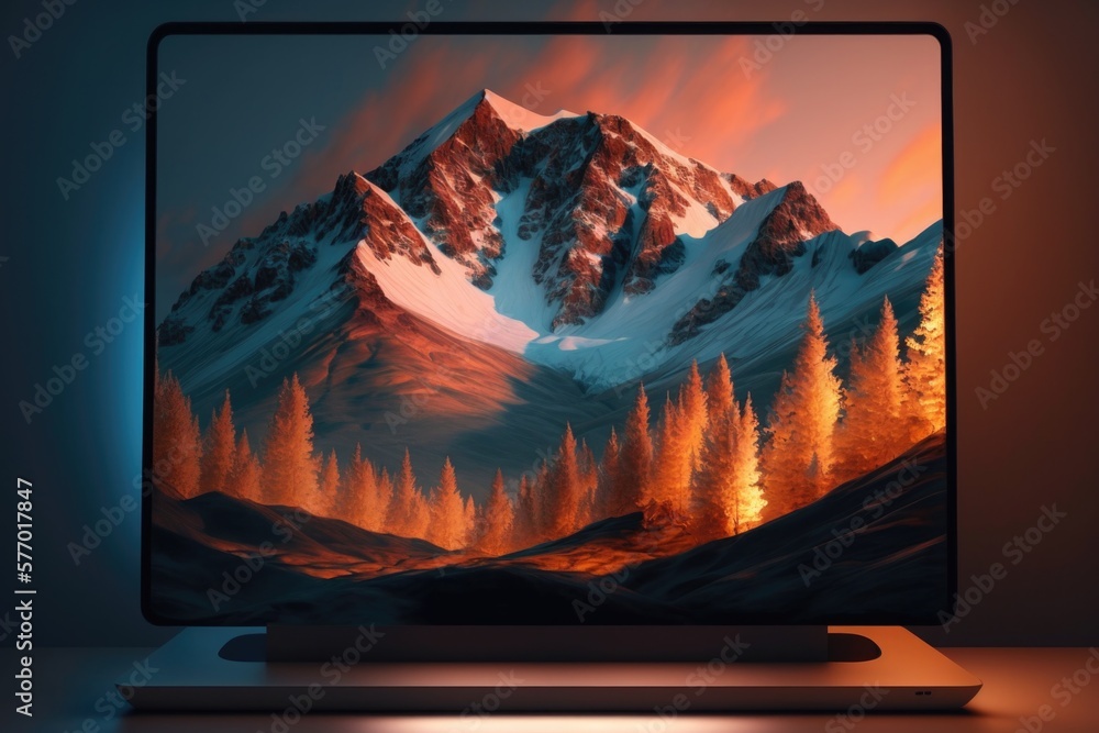 Poster a computer screen with a mountain scene on it's display screen and a glowing light uhd 8 k an ultraf