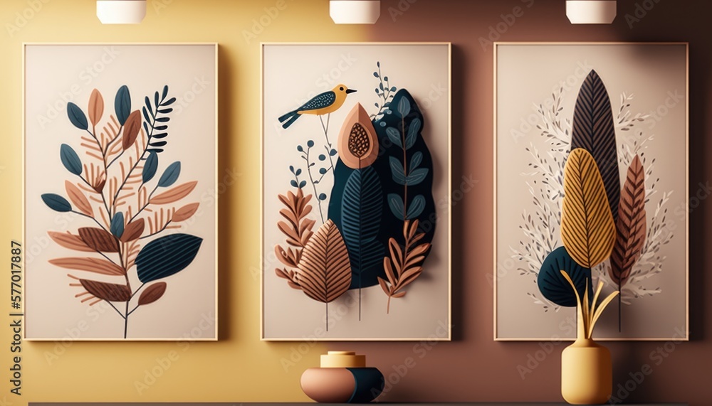 Aufkleber three paintings of birds and plants on a wall above a table with vases and candles colorful flat sur