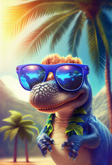 Cute baby dinosaur in sunglasses resting at the resort. AI generated.