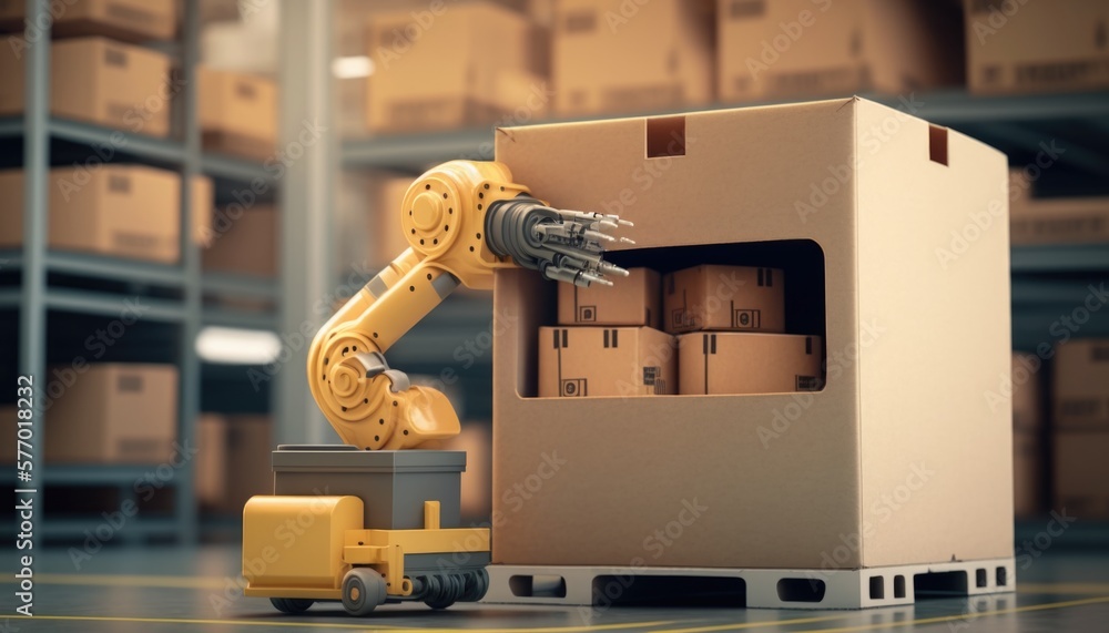 Poster a robot is moving a box in a warehouse with boxes on the floor and a fork in the back robots a 3d re