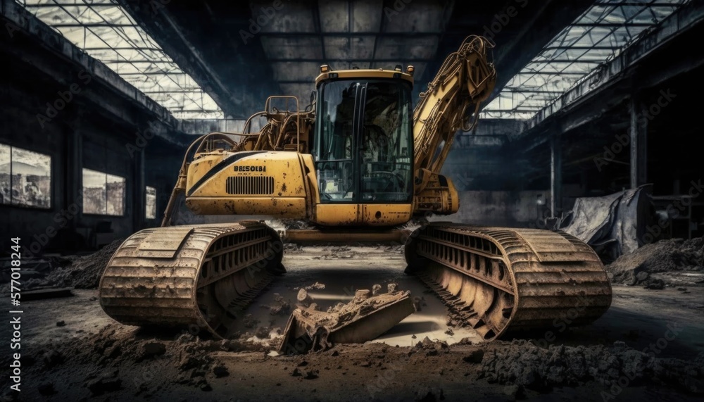 Poster a large yellow bulldozer in a building with a sky background and a window hard surface a digital ren