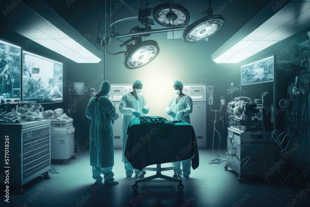 Poster a group of doctors in a room with a table and lights on it and a clock hanging from the ceiling biop