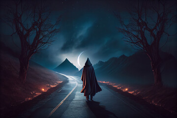 A man in a dark raincoat walks along a moonlit road. AI generated