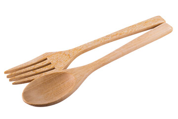 Wooden spoon and wooden fork isolated on a transparent background.