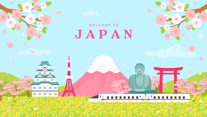 Welcome to Japan postcard vector illustration. Cherry Blossoms and beautiful tourist attraction in spring landscape background