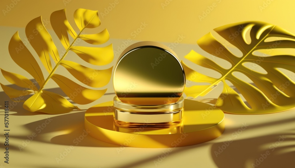 Poster a gold object with a leaf on it and a shadow of a plant on the ground 3 d render a 3d render photore