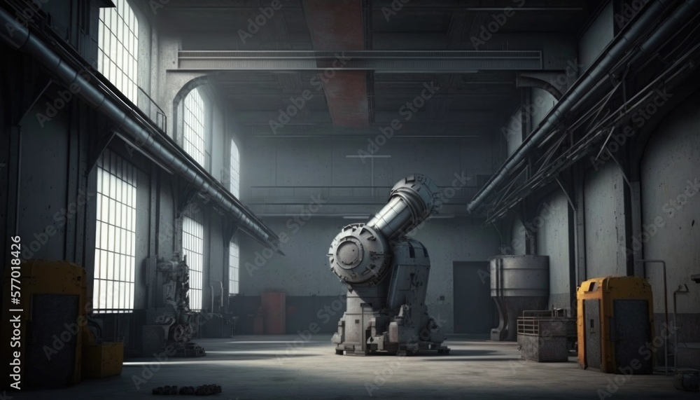 Poster a large machine in a large building with windows and a door open to the outside octane renderer a ra