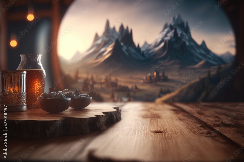 Poster a wooden table topped with a jar of liquid and a bowl of fruit on top of it rendered in unreal 5 a 3