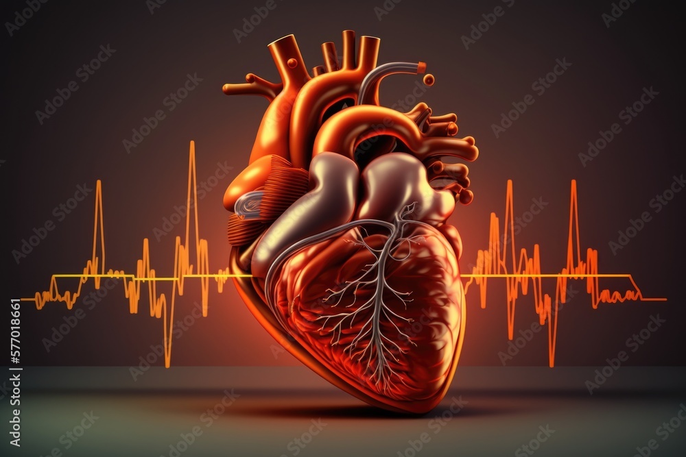 Poster a heart with a heartbeat on a dark background with a line of ecg lines high coherence a stock photo 