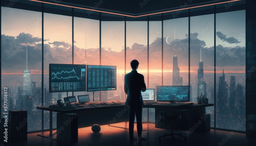 Aufkleber a man standing in front of a computer desk in a room with large windows overlooking a city solarpunk
