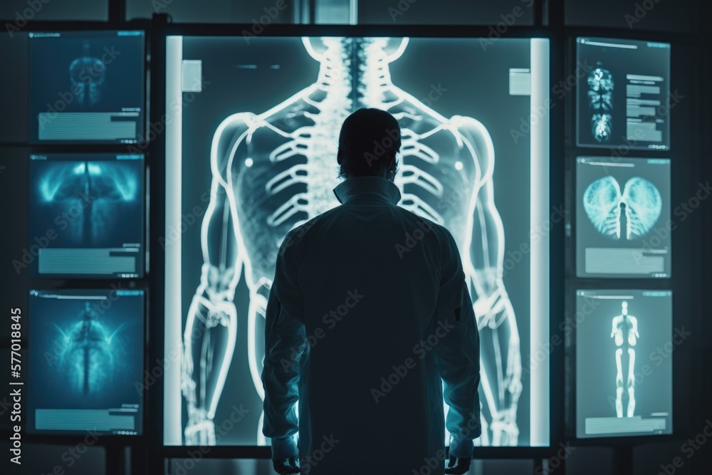 Poster a man standing in front of a display of human anatomy in a dark room with a skeleton projected on th