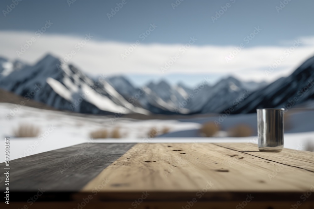 Poster a wooden table with a metal cup on top of it in front of a mountain range rendered in unreal 5 a 3d 