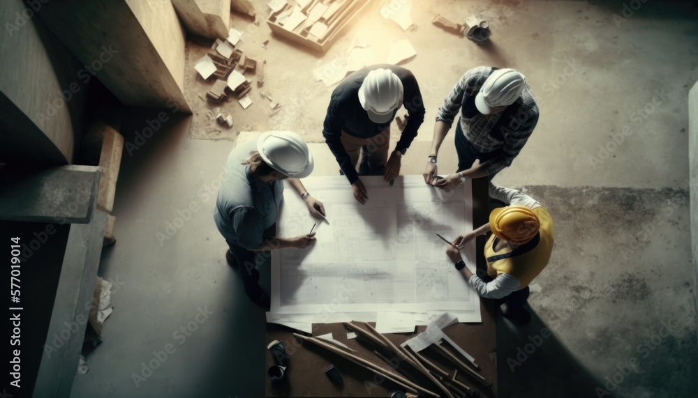 Poster three men standing around a table with a blueprint on it and a yellow hard hat blueprint a digital r