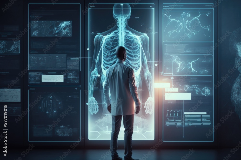 Poster a man standing in front of a medical display with a skeleton in the background and a glowing light c