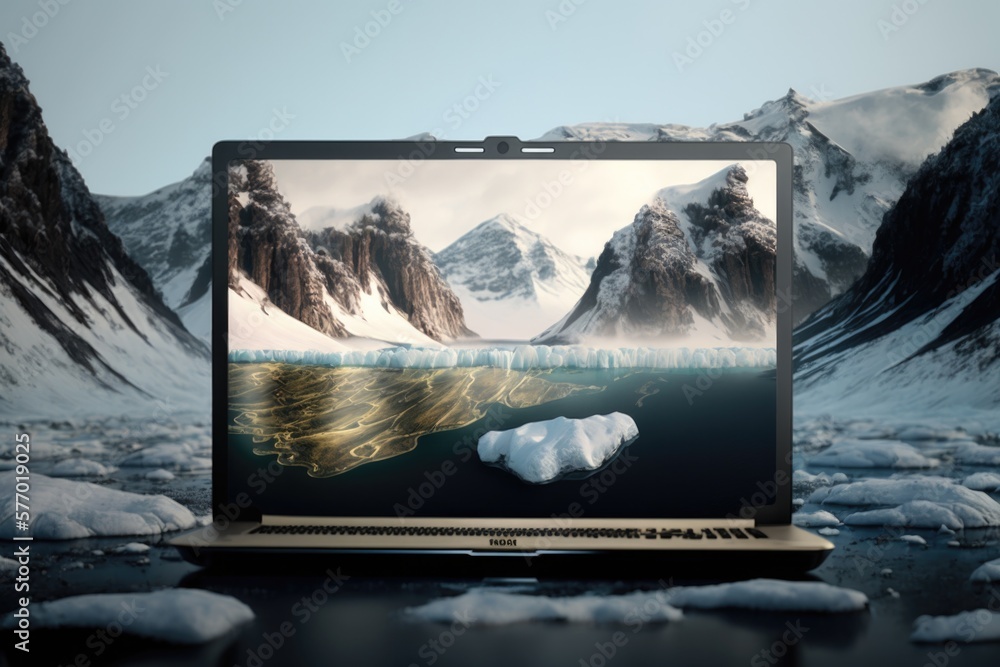 Poster a laptop computer with a picture of a mountain and icebergs on the screen 8 k render a computer rend
