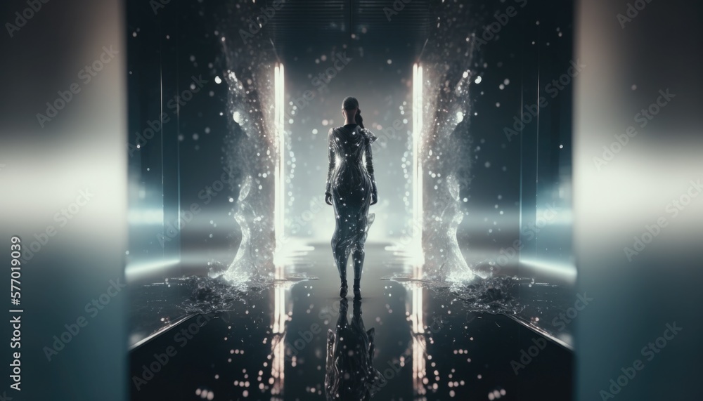 Poster a woman standing in a doorway with a light shining on her face and body in a futuristic space unreal