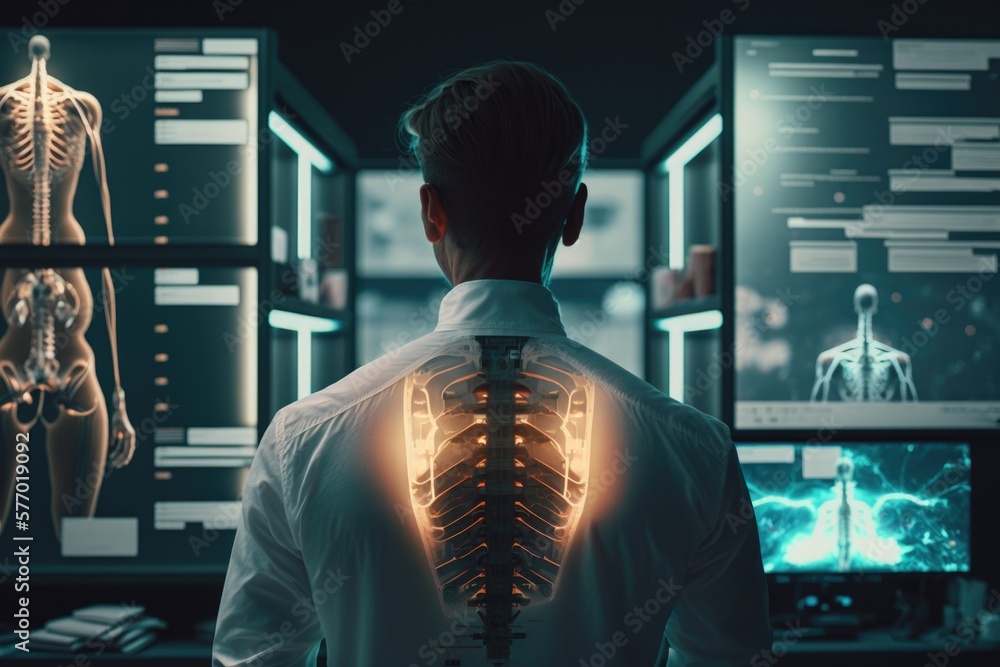 Poster a man looking at a computer screen with a skeleton in the back of it and a skeleton in the middle of
